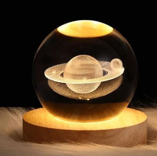 aEsfera de cristal luz LED con diseño de Saturno y base de madera decorativa, envío gratis Colombia