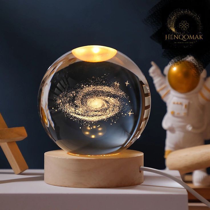 Esfera de cristal luz LED con diseño de galaxia y base de madera decorativa, envío gratis Colombia